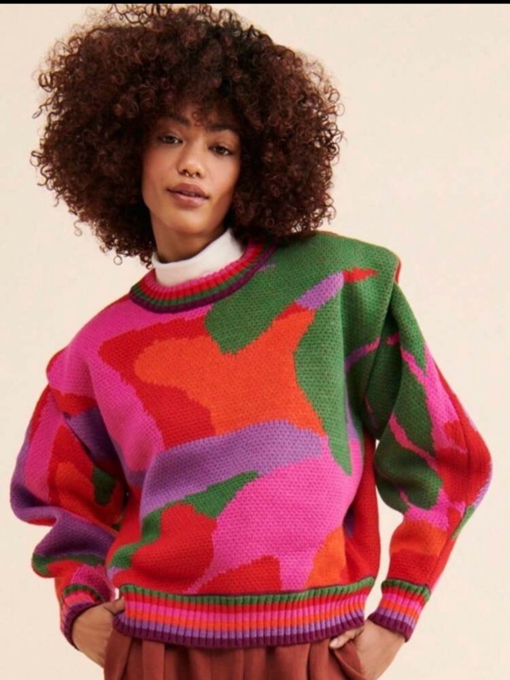 Colorblock Abstract Crewneck Sweater - Pink, Green & Orange